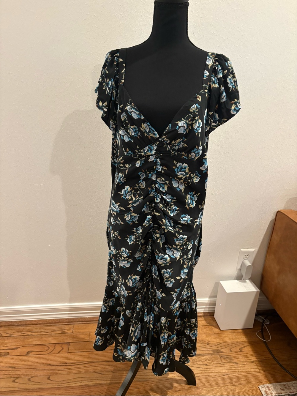 Anthropologie Black Midi Dress with Blue Floral Print